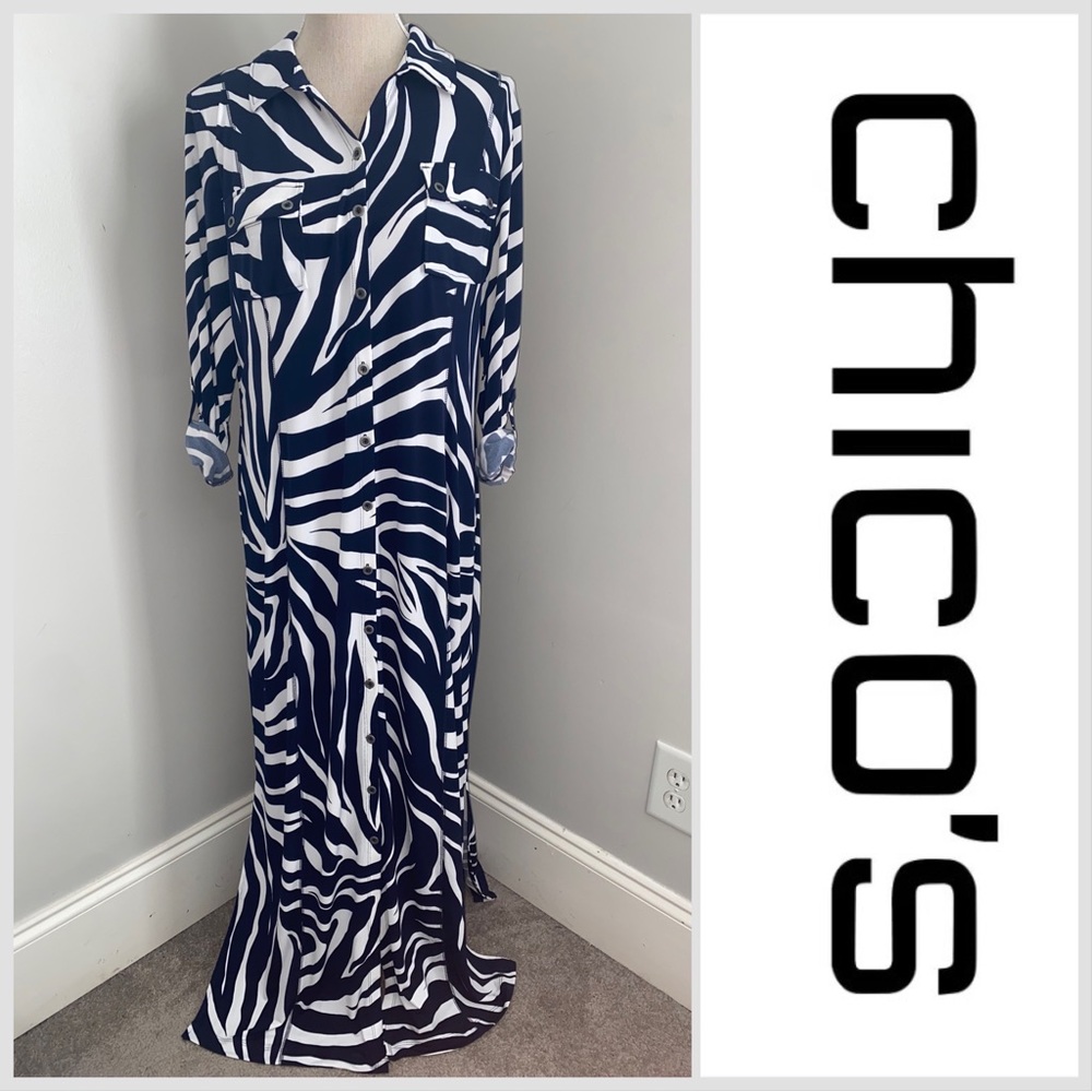 Chico’s Zebra Utility Maxi stretch Shirtdress navy blue & white size 2 Large 12
